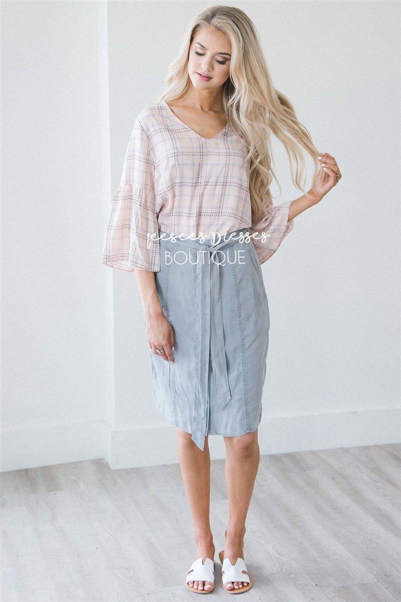 Chambray Button Front Tie Skirt Skirts vendor-unknown Faded Gray Chambray XS