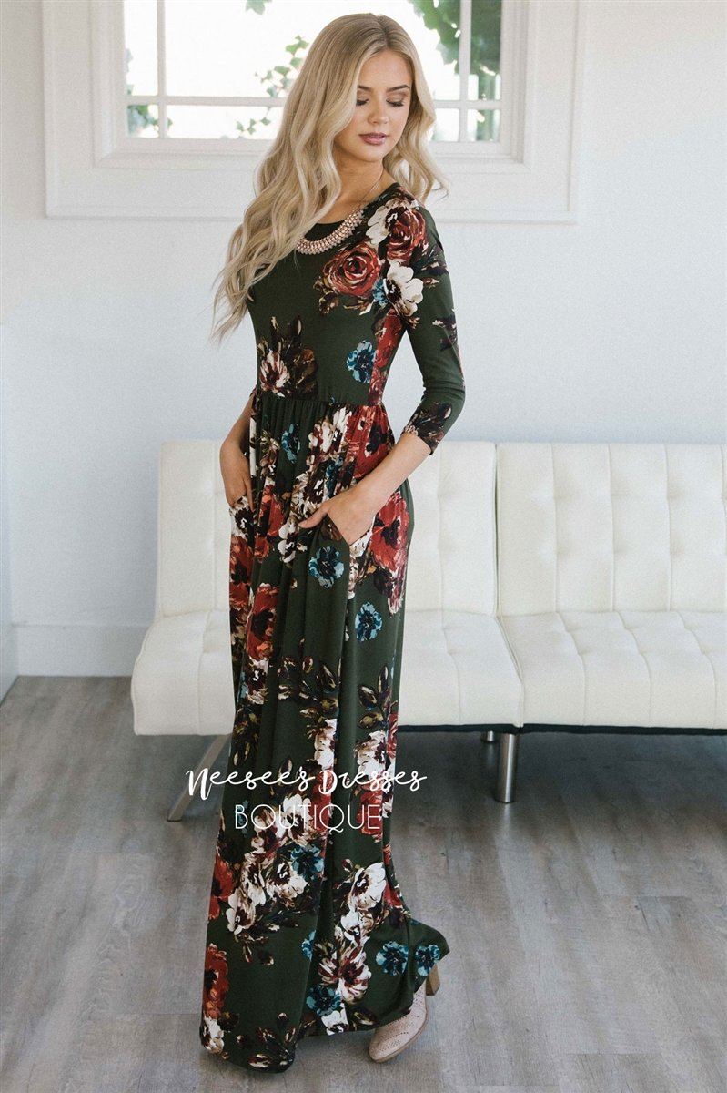 Olive Watercolor Floral Maxi Dress Modest Dresses vendor-unknown