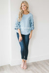 Embroidered Chambray Bell Sleeve Top Tops vendor-unknown Light Blue XS