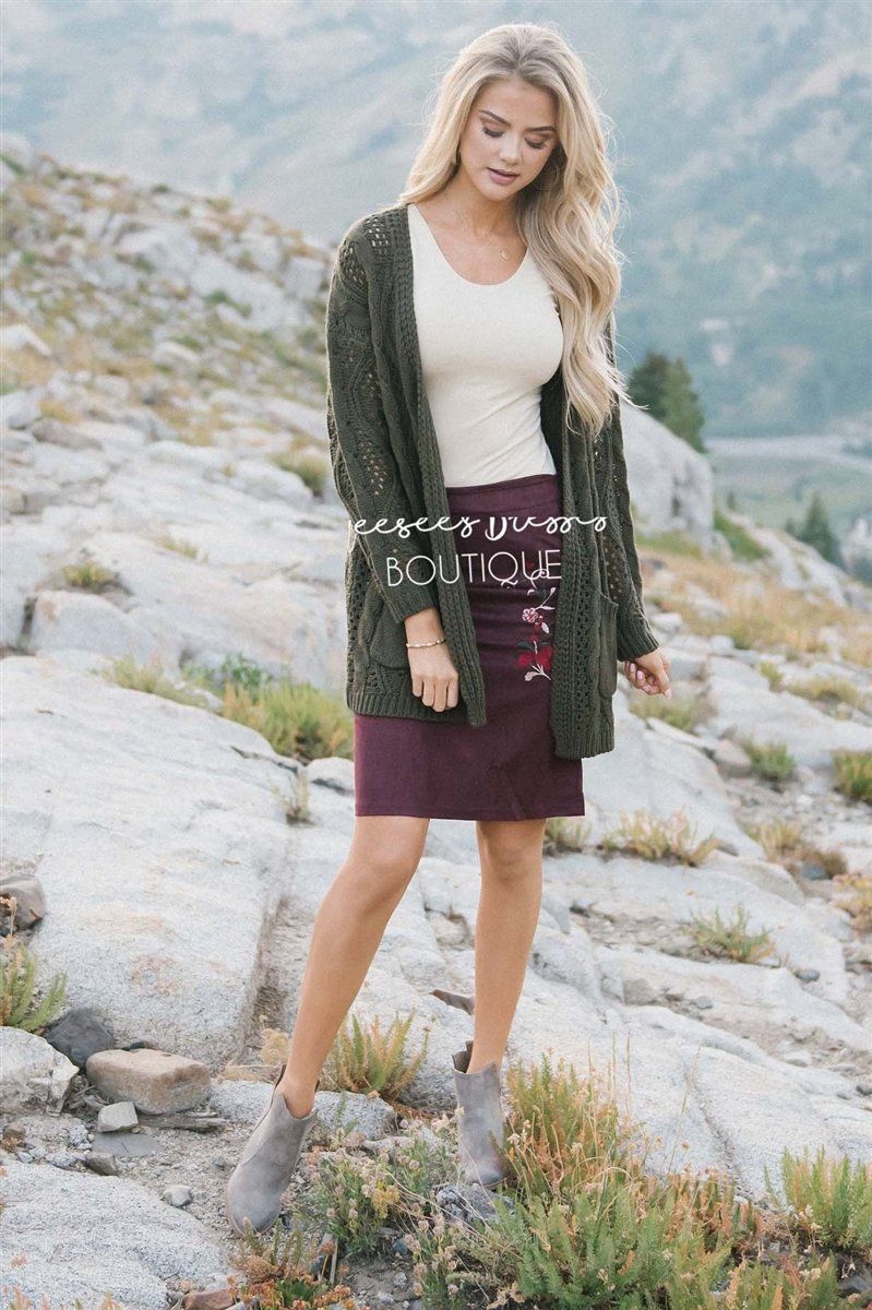 Suede Embroidered Pencil Skirt Skirts vendor-unknown