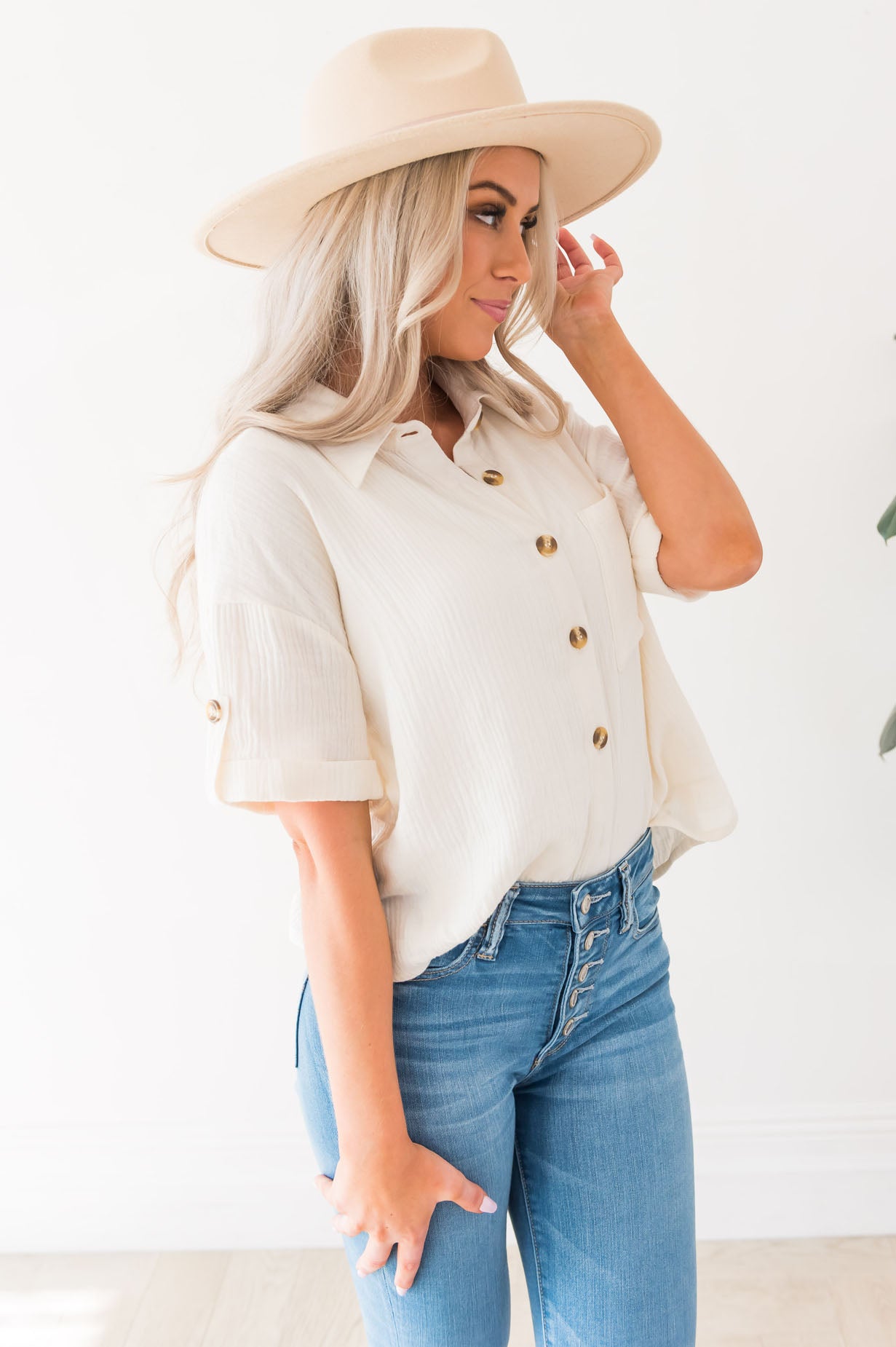 Always Happy Modest Button Blouse Tops vendor-unknown