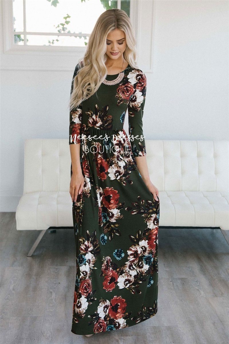 Olive Watercolor Floral Maxi Dress Modest Dresses vendor-unknown Olive S