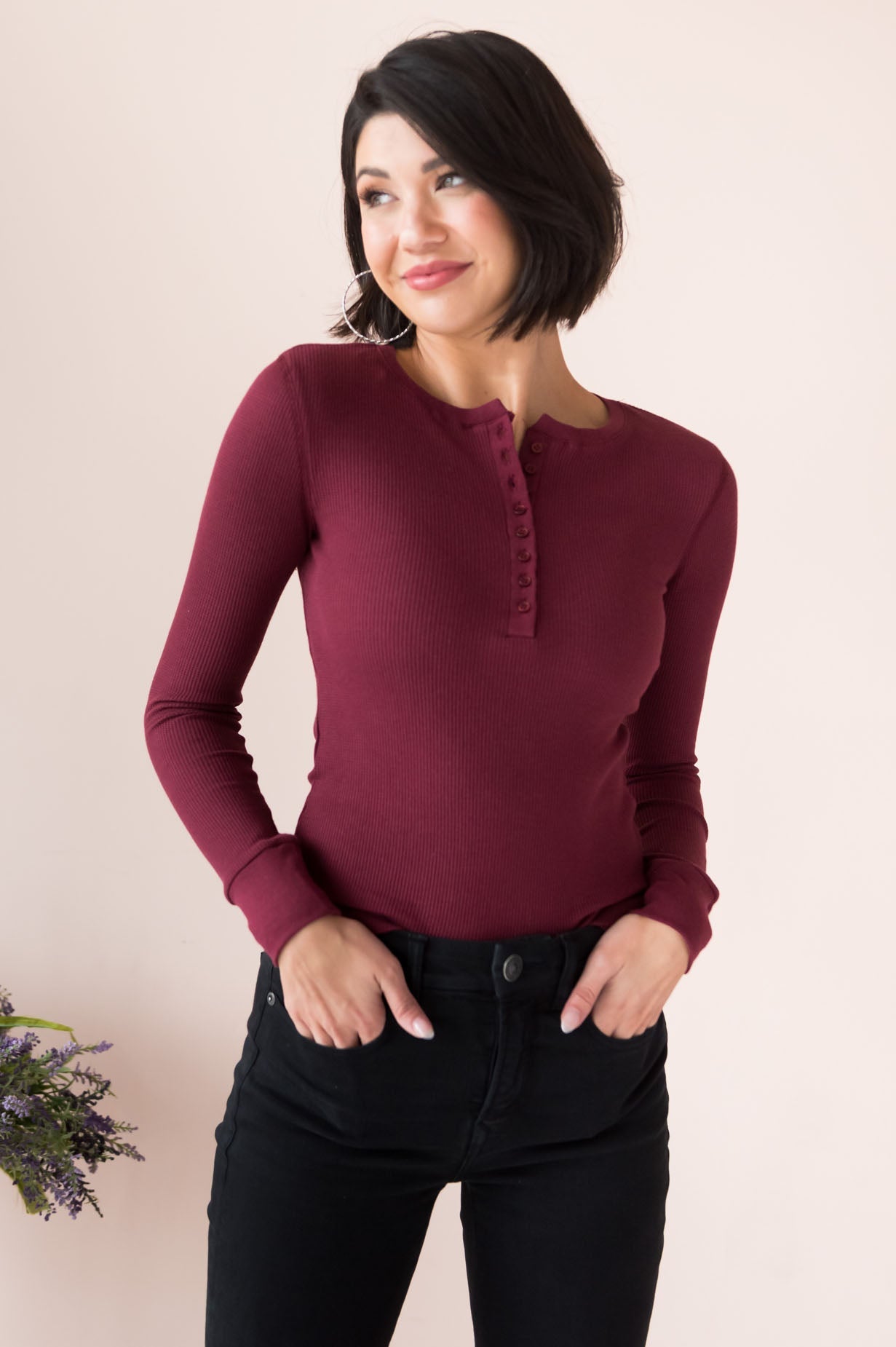 Changing Skies Modest Thermal Henley Top NeeSee's Dresses