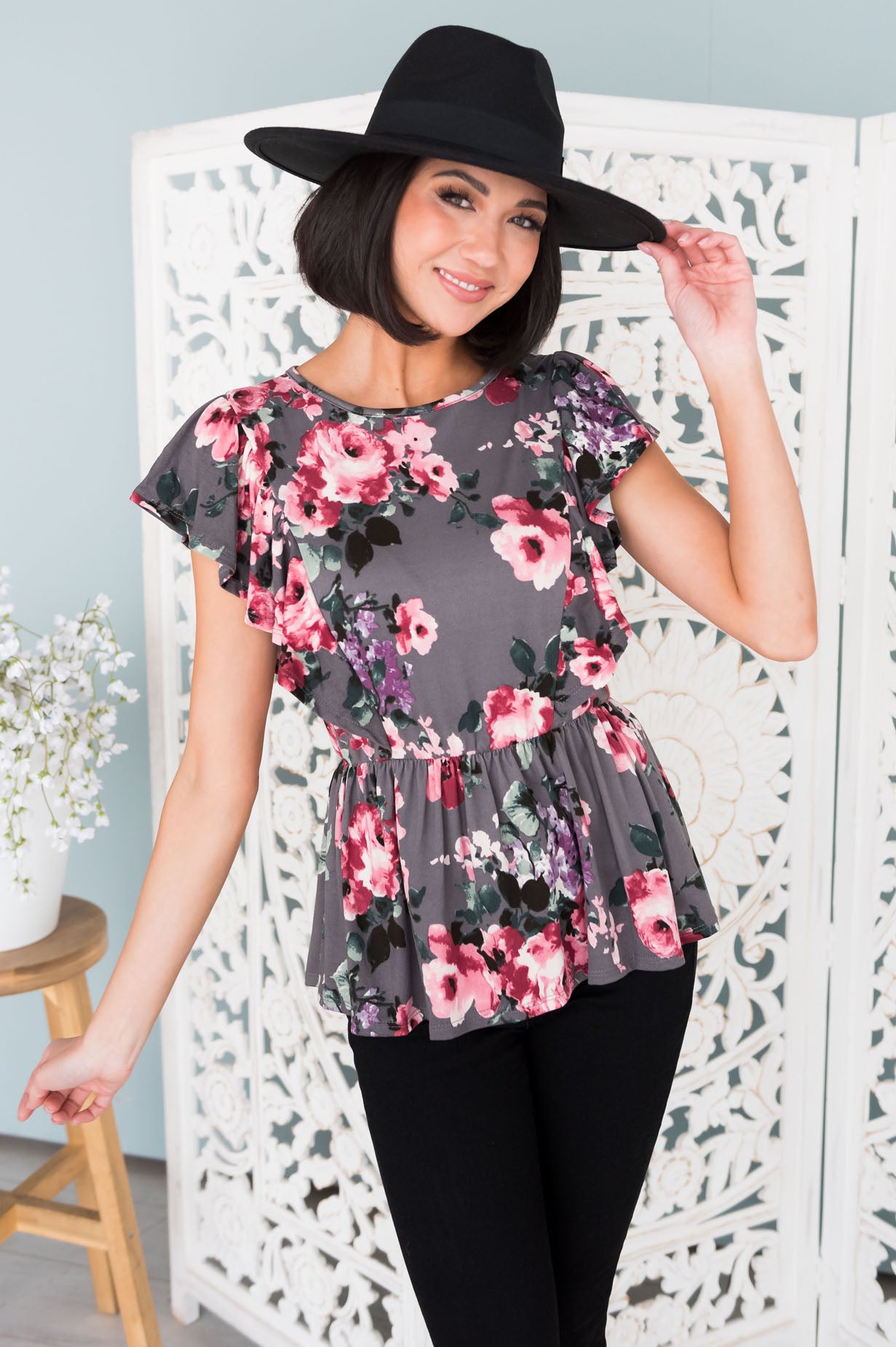 Carefree Modest Ruffle Peplum Blouse Tops vendor-unknown