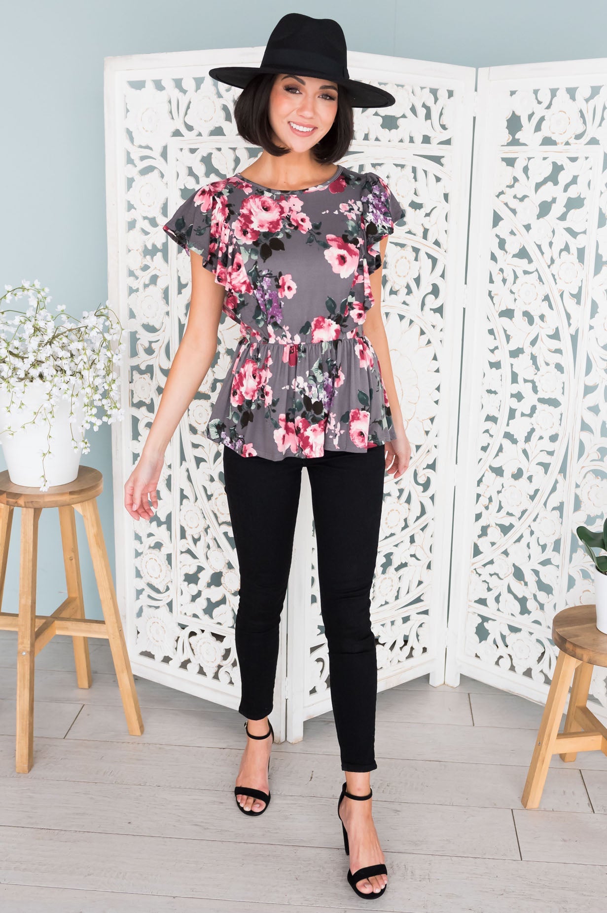 Carefree Modest Ruffle Peplum Blouse Tops vendor-unknown