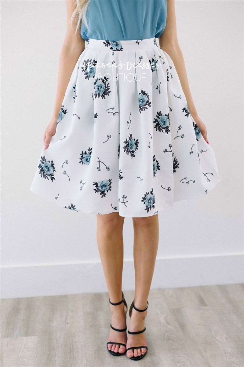 White & Dusty Blue Floral Pocket Skirt Skirts vendor-unknown