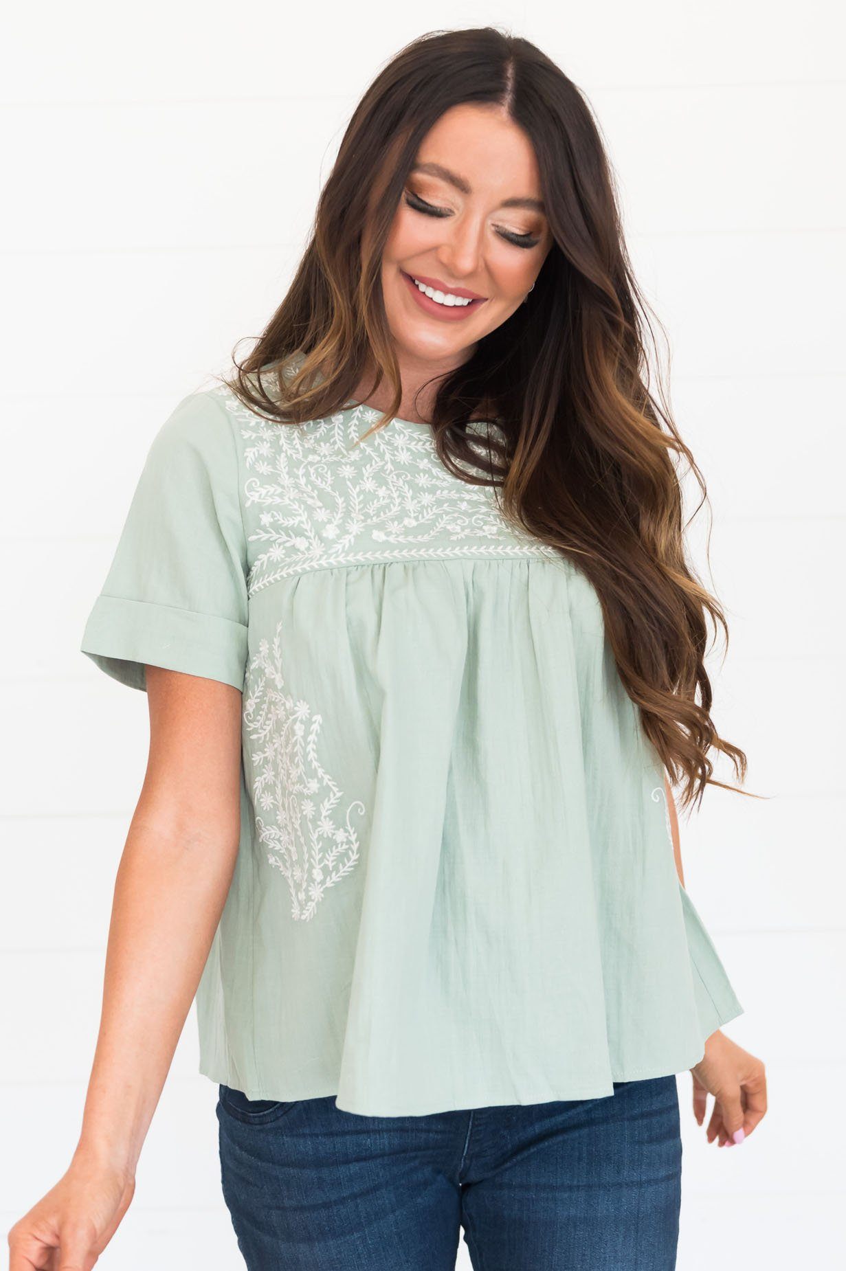 Classic Beauty Modest Embroidered Blouse Tops vendor-unknown