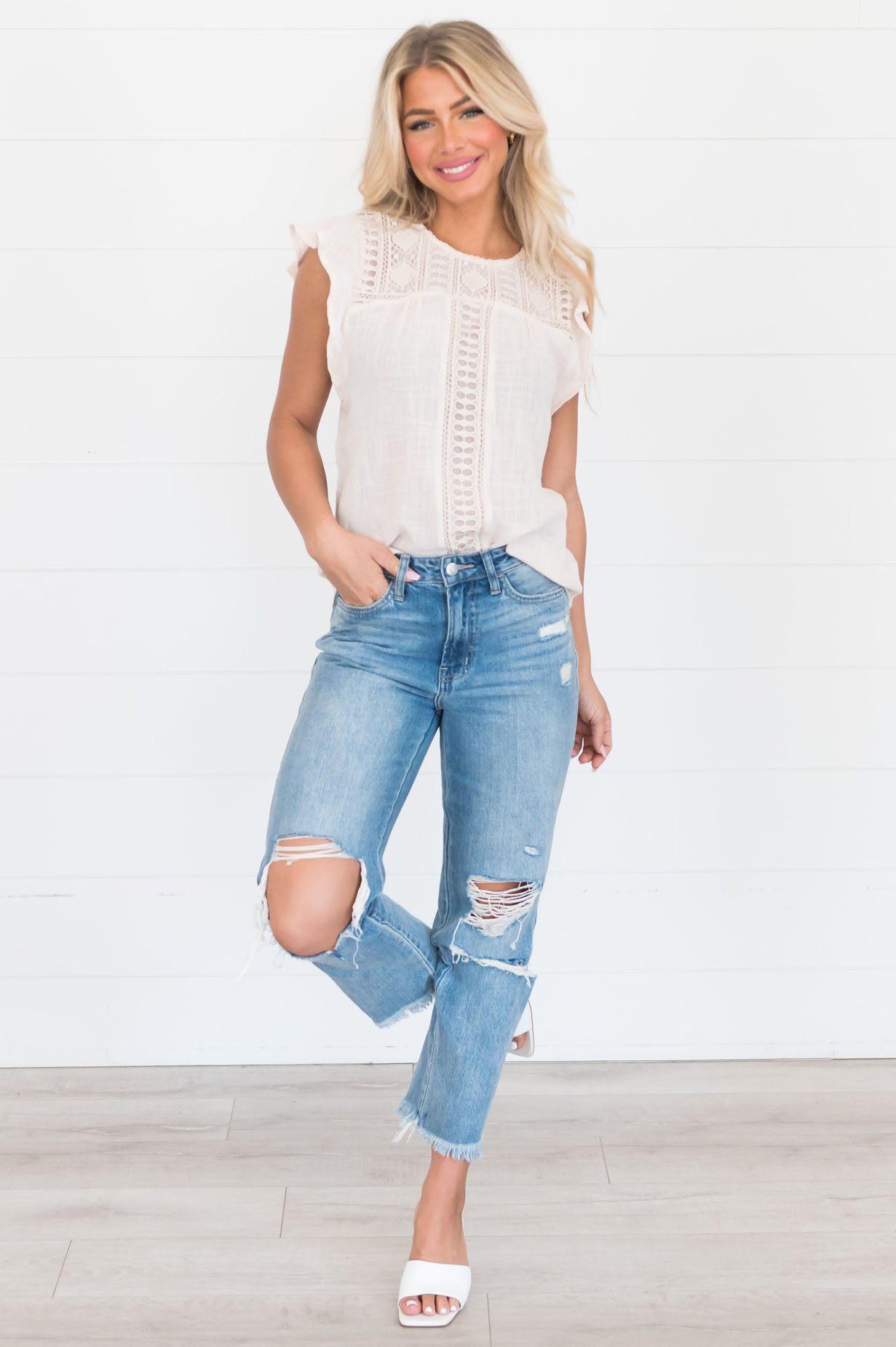 Must Be Fate Eyelet Embroidery Modest Top Modest Dresses vendor-unknown