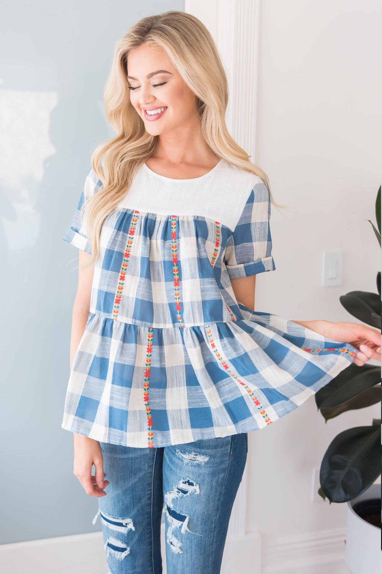 Playful Plaid Modest Blouse Modest Dresses vendor-unknown