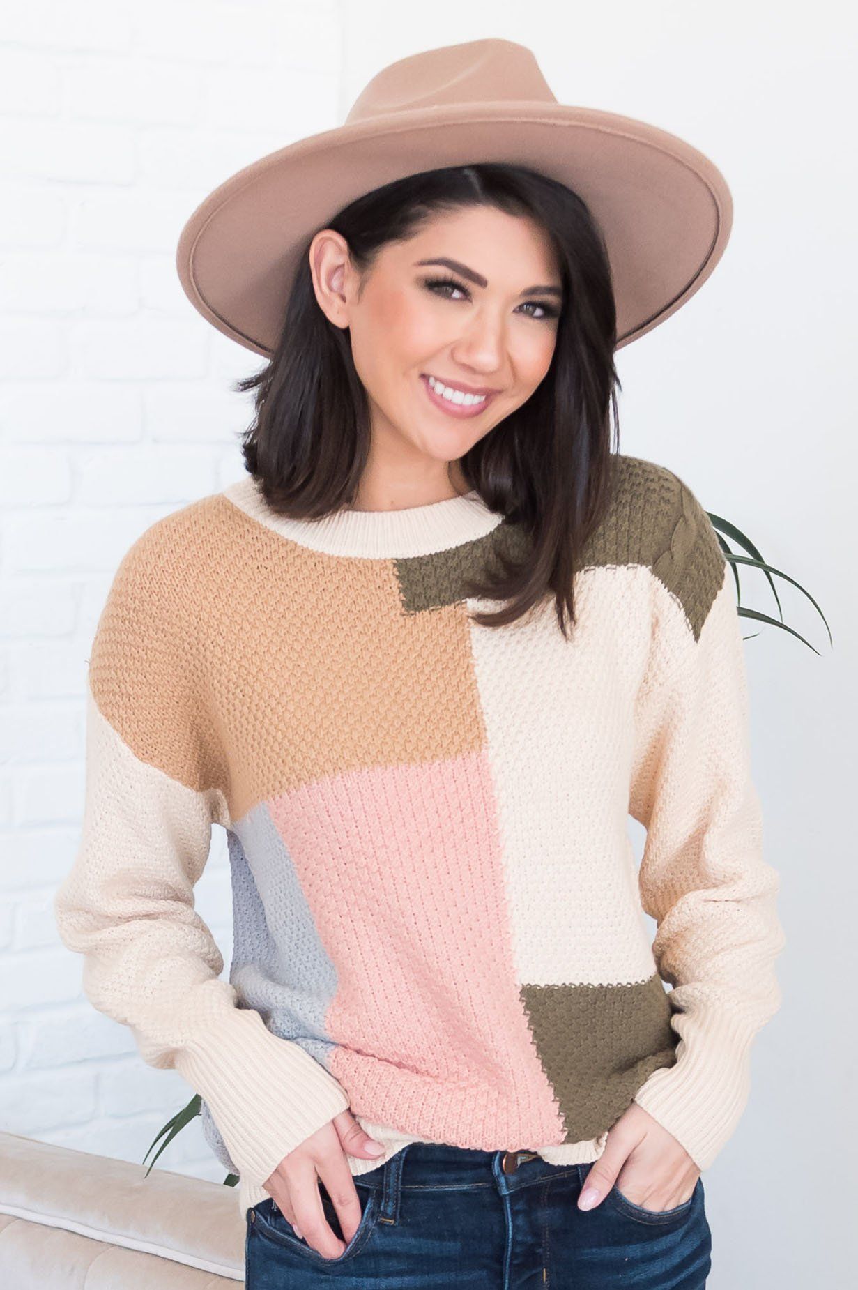 Cozy Colorblock Modest Sweater Tops vendor-unknown