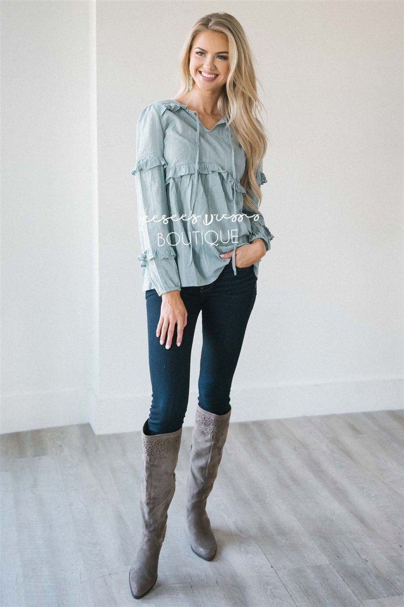 Ruffle Trim Neck Tie Blouse Tops vendor-unknown