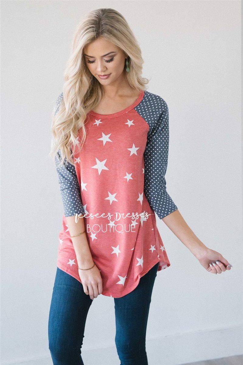 Stars & Polka Dots Baseball Sleeve Top Red White & Blue vendor-unknown