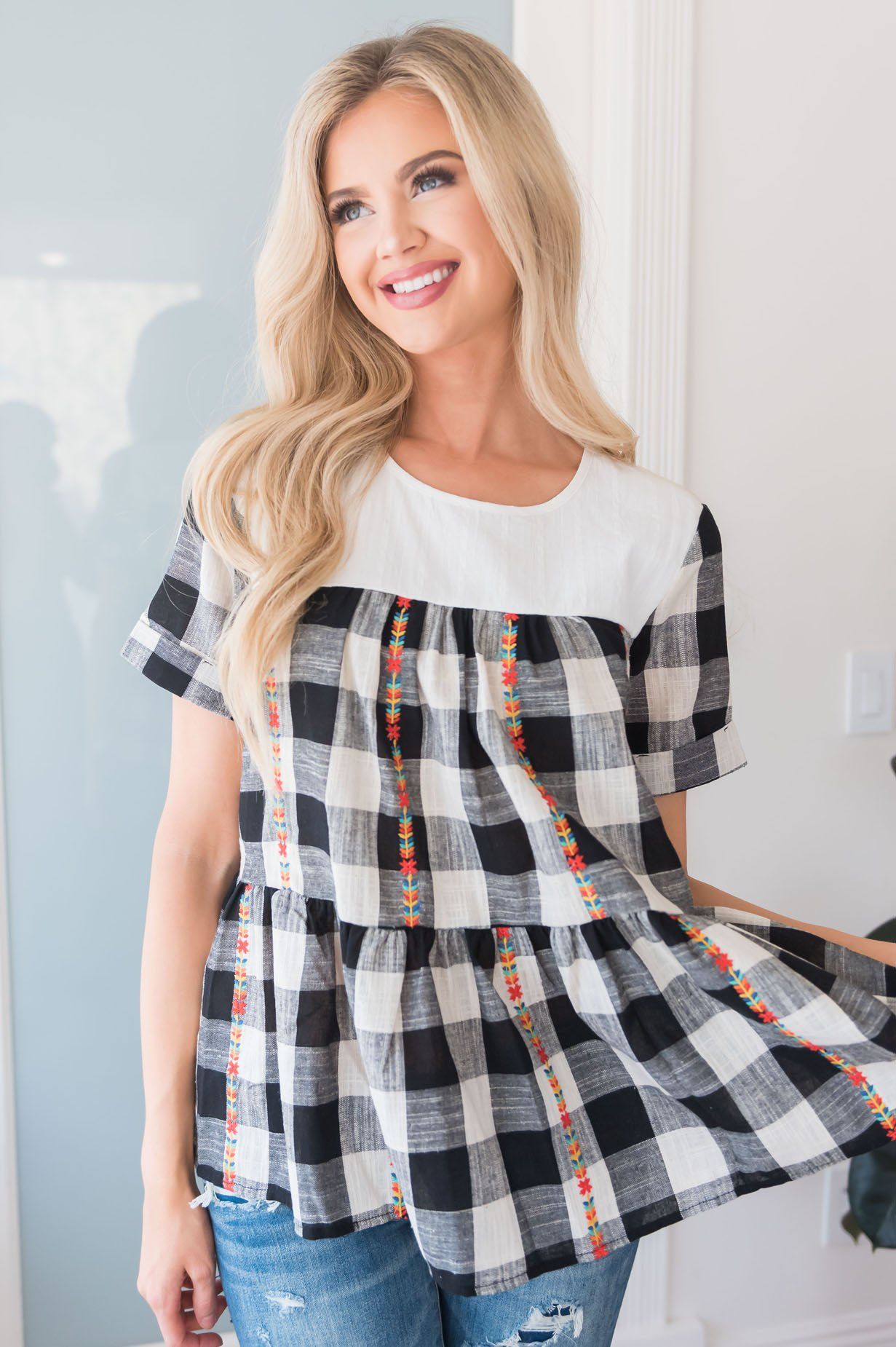 Playful Plaid Modest Blouse Modest Dresses vendor-unknown