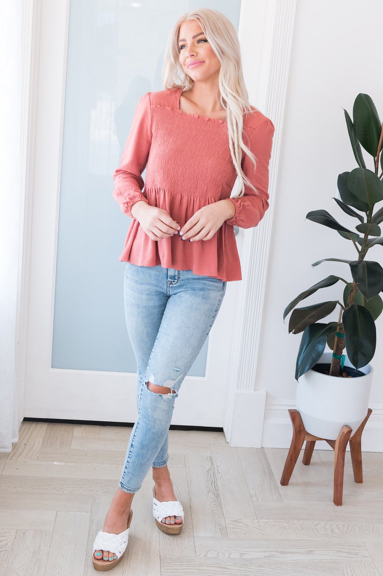 Inhale Confidence Smocked Modest Blouse Modest Dresses vendor-unknown