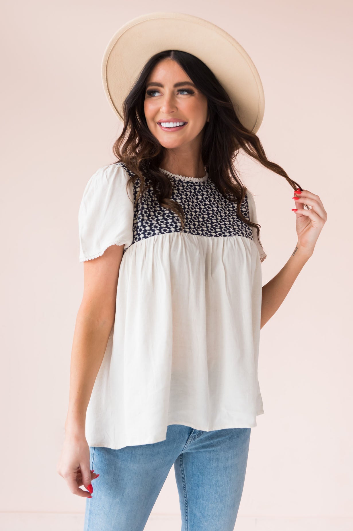 Hopeful Day Modest Embroidered Blouse Tops vendor-unknown