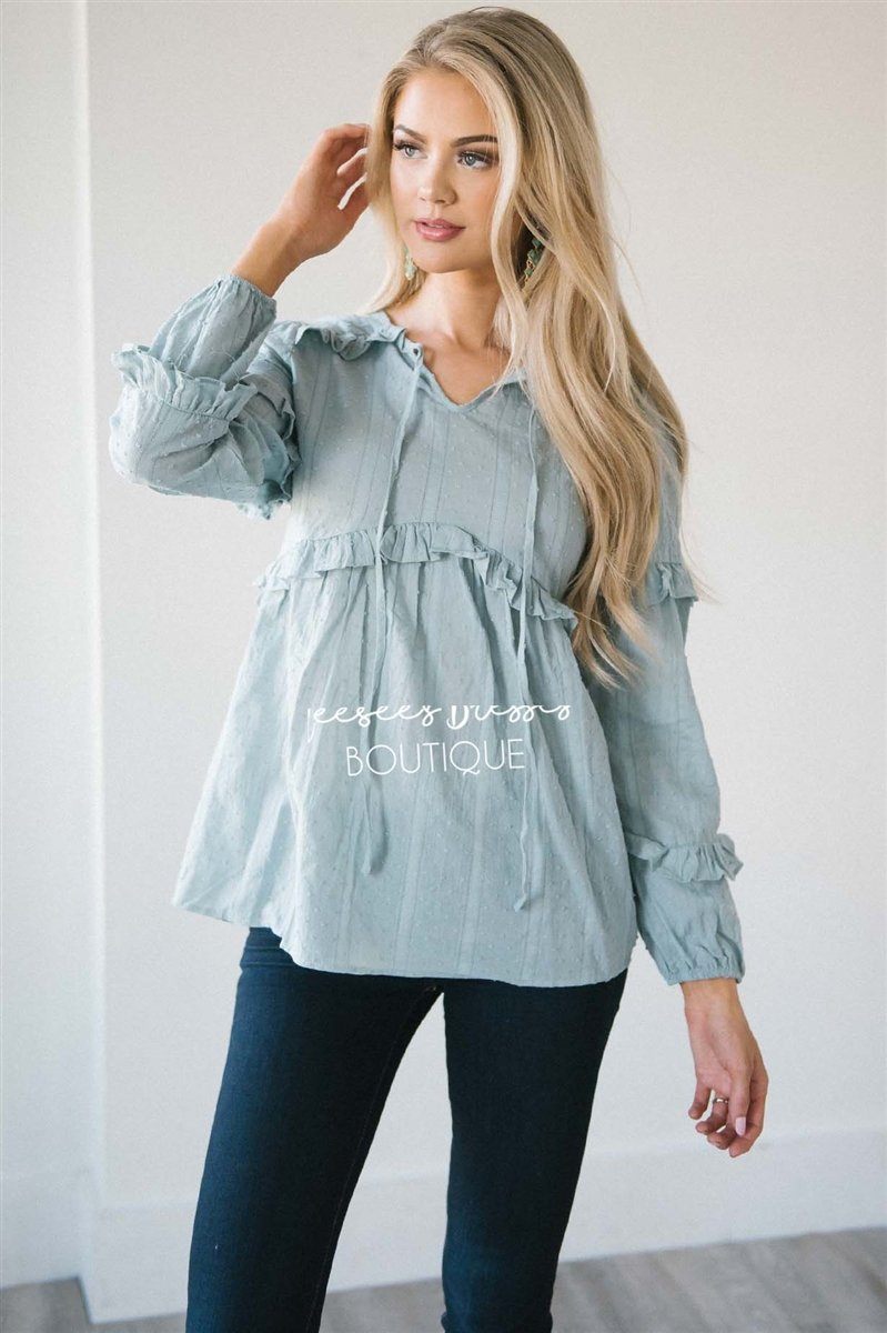 Ruffle Trim Neck Tie Blouse Tops vendor-unknown