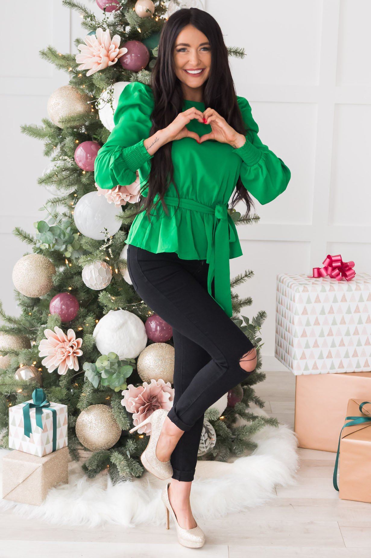 Santa's Helper Puff Sleeve Modest Blouse Tops vendor-unknown
