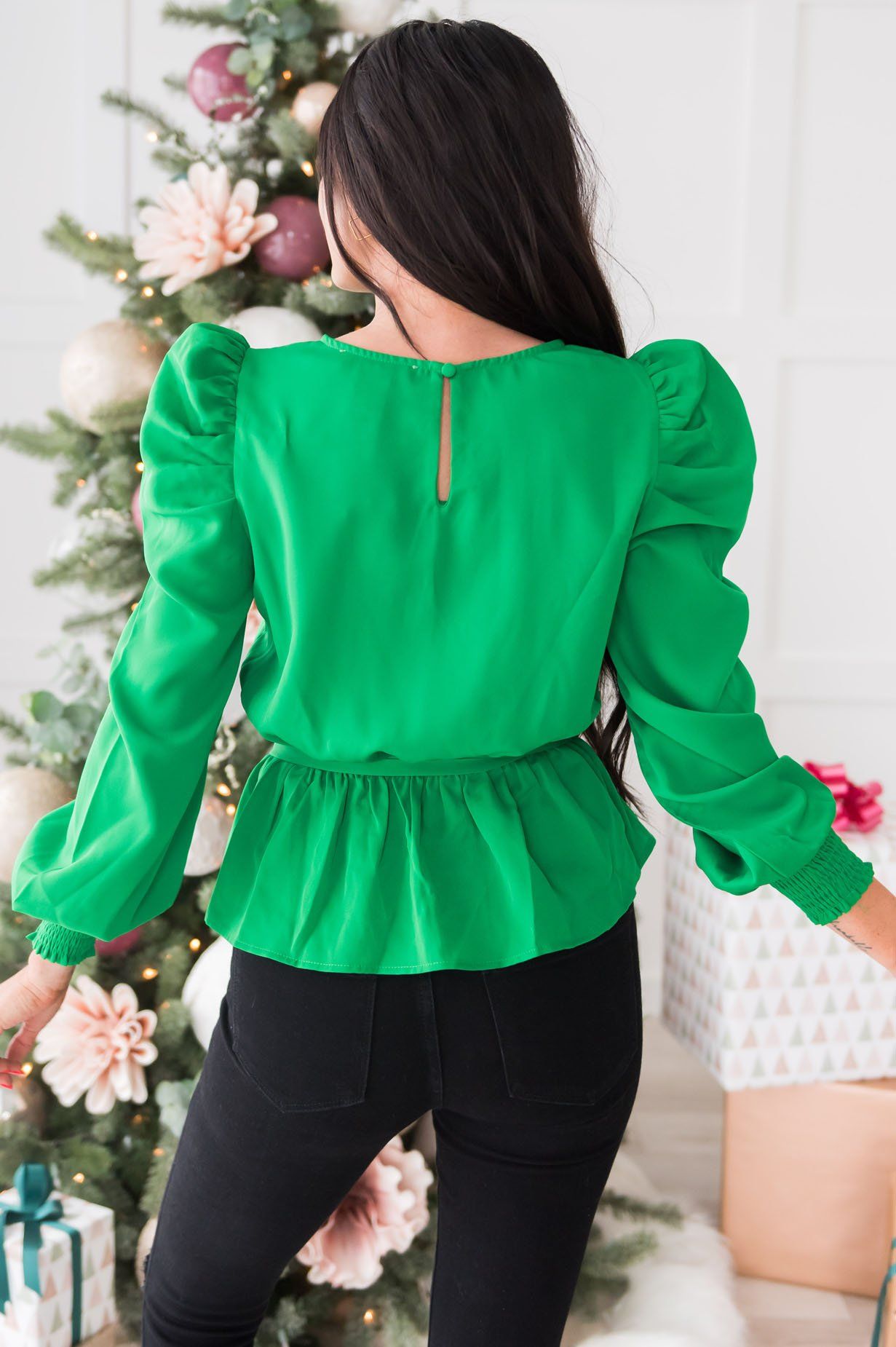 Santa's Helper Puff Sleeve Modest Blouse Tops vendor-unknown
