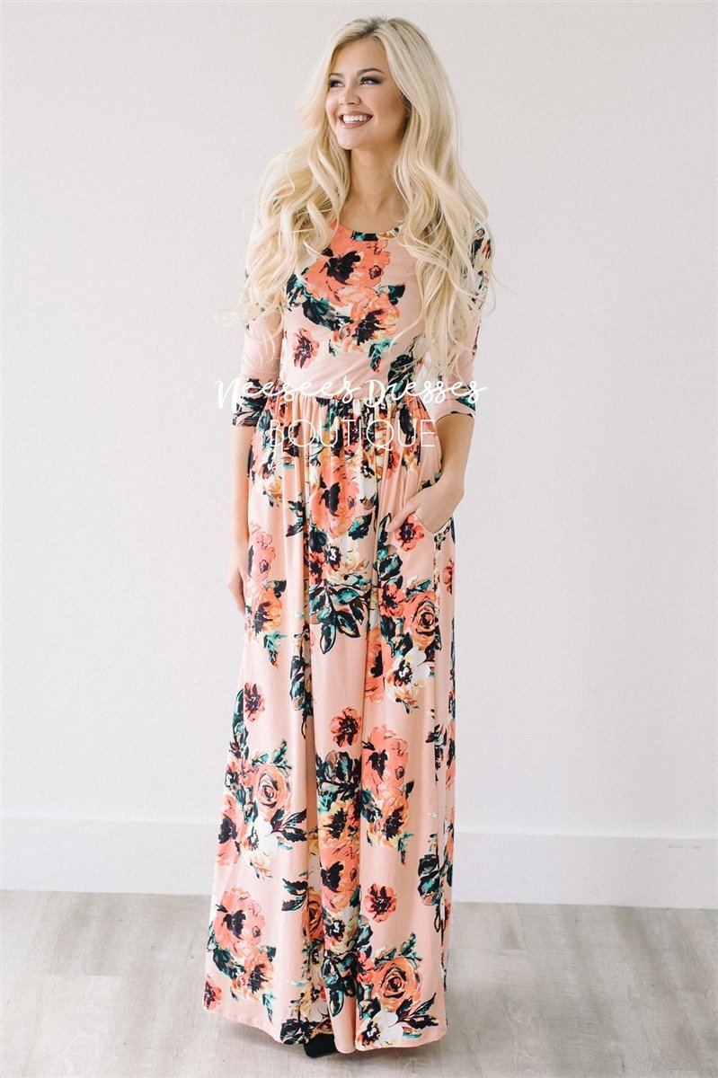 Peach Watercolor Floral Maxi Dress Modest Dresses vendor-unknown Peach S