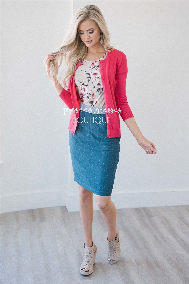 Polka Dot Chambray Pencil Skirt Skirts vendor-unknown