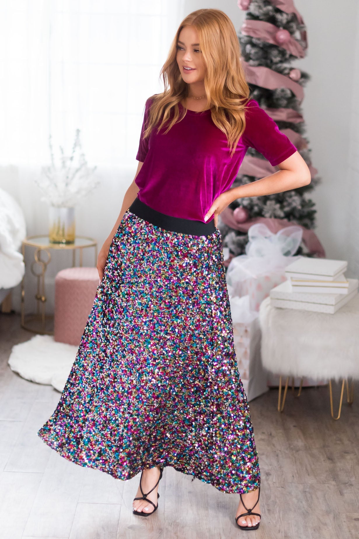 Holiday Celebrations Modest Sequin Skirt Skirts vendor-unknown