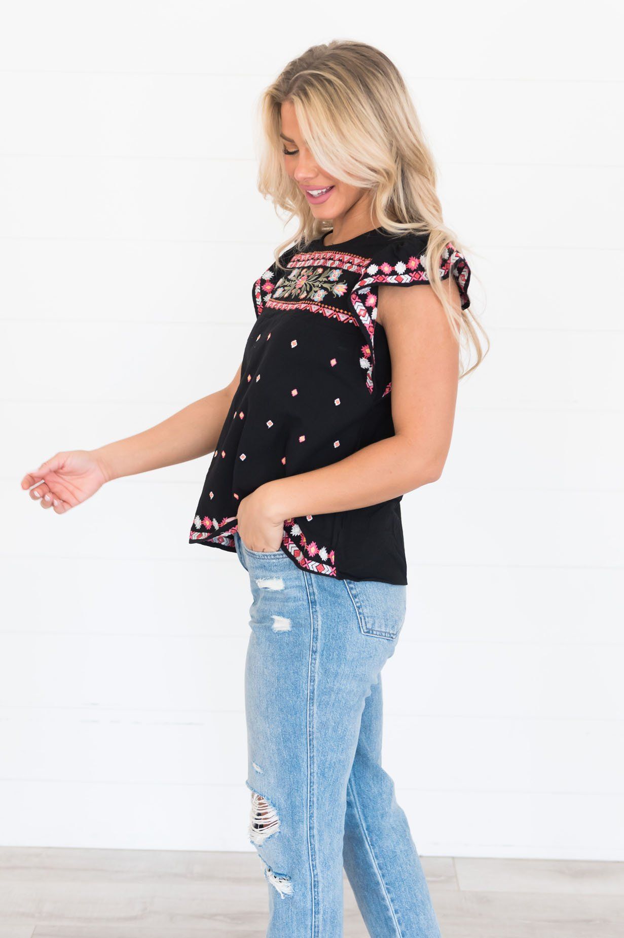 More Than Words Aztec Embroidered Blouse Tops vendor-unknown