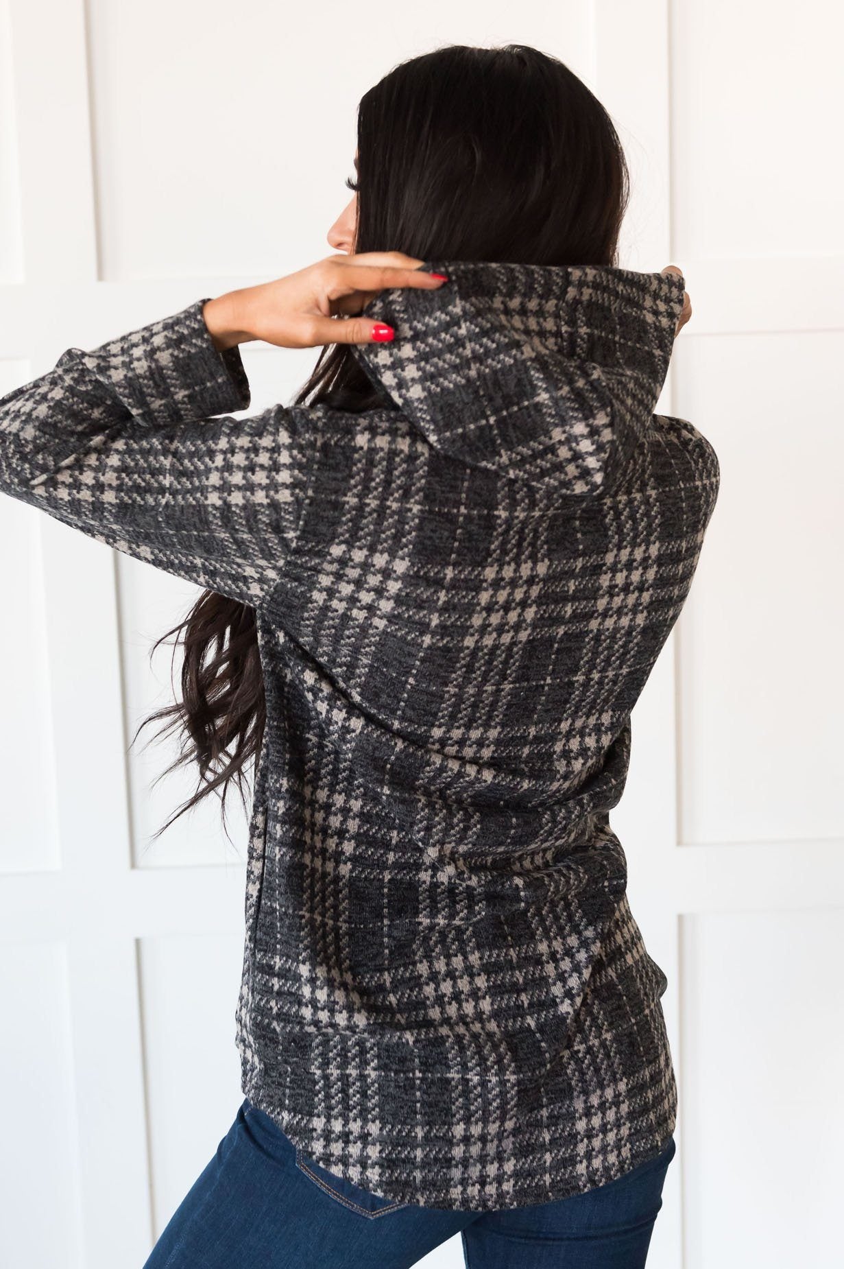 Daylight Stroll Houndstooth Modest Hoodie Tops vendor-unknown