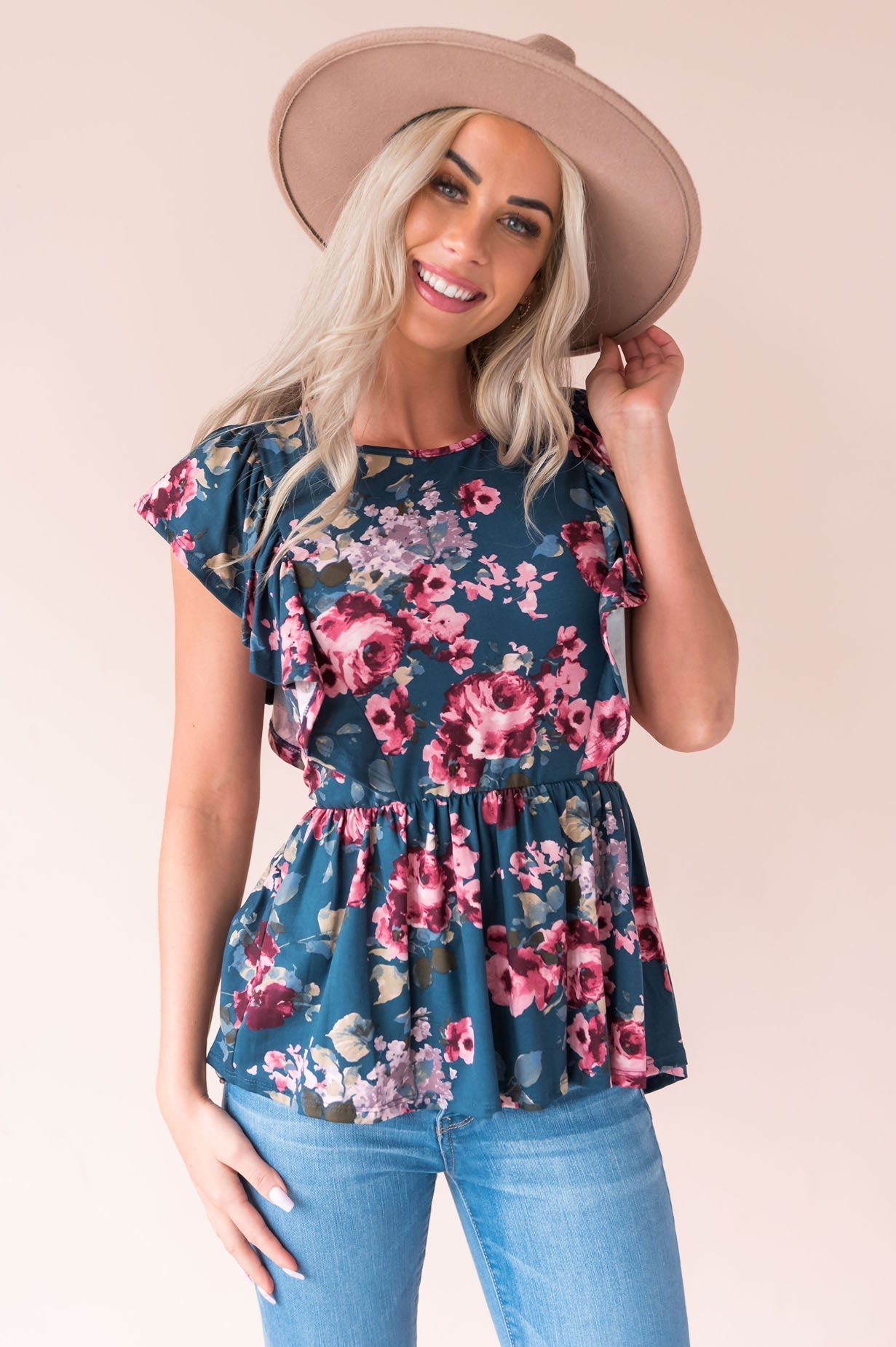 Carefree Modest Ruffle Peplum Blouse Tops vendor-unknown
