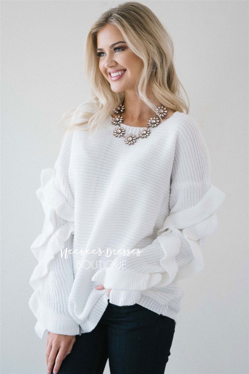 White Ruffle Sleeve Sweater Tops vendor-unknown