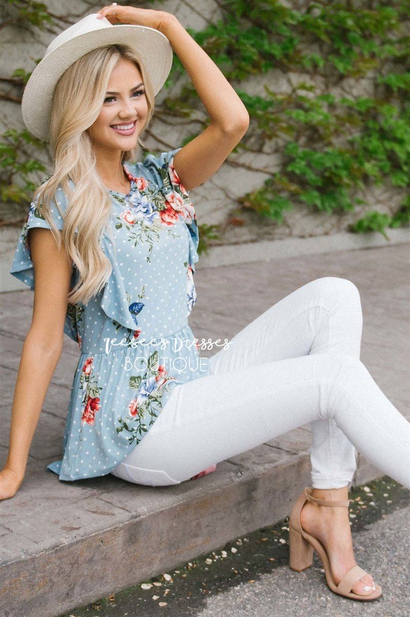 Polka Dot Floral Peplum Ruffle Top Tops vendor-unknown