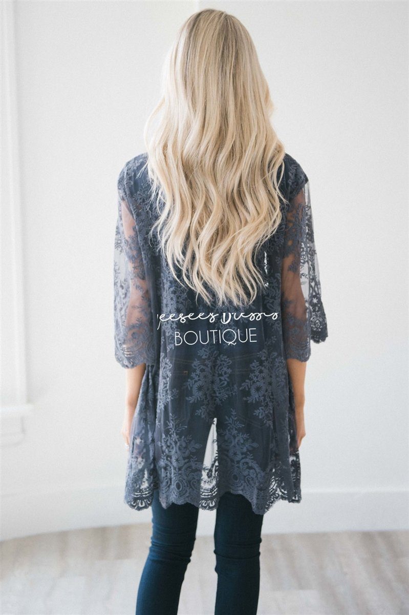 Charcoal Floral Lace Kimono Tops vendor-unknown