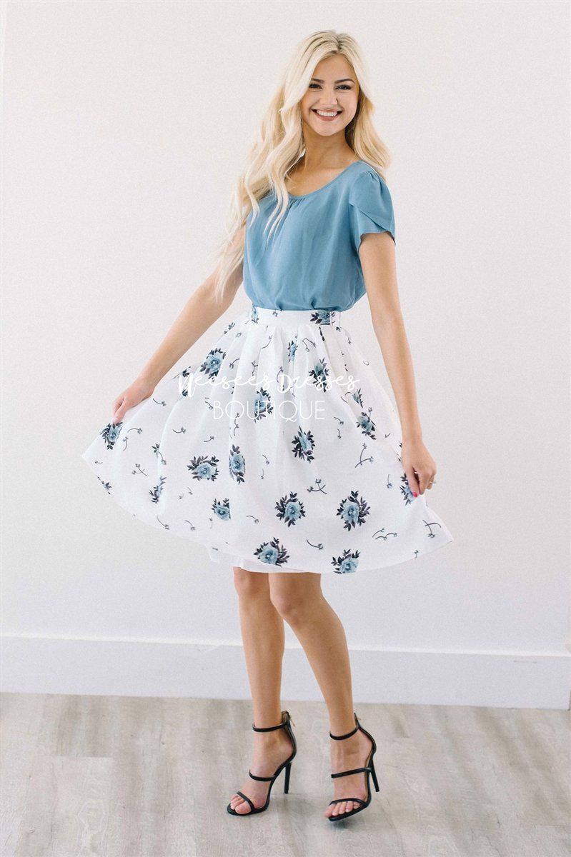 White & Dusty Blue Floral Pocket Skirt Skirts vendor-unknown