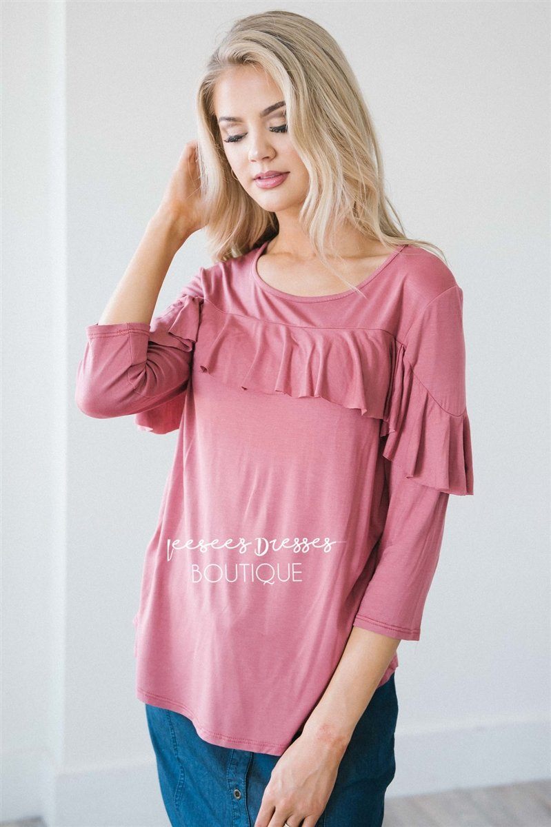 Ruffle Front Detail 3/4 Length Sleeve Top Tops vendor-unknown S Dusty Rose