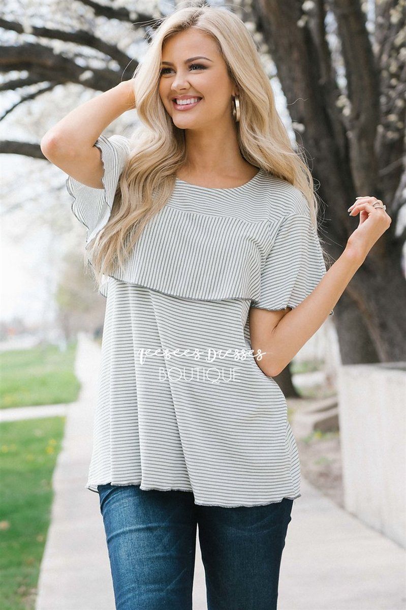 Striped Ruffle Layer Top Tops vendor-unknown S Sage