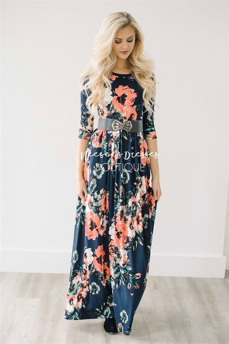 Navy Watercolor Floral Maxi Dress Modest Dresses vendor-unknown Navy S
