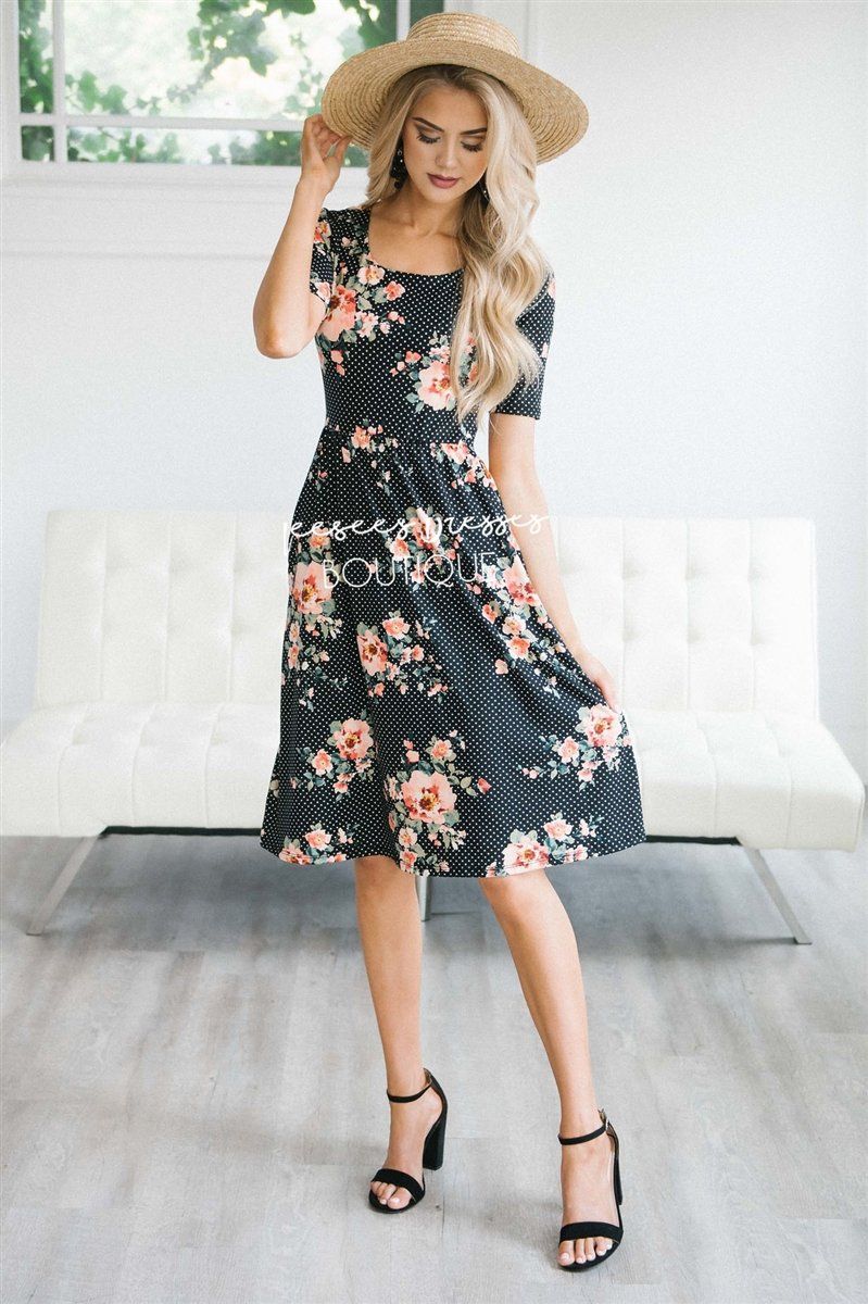 The Natalie Modest Dresses vendor-unknown Black Polka Dot Floral XS