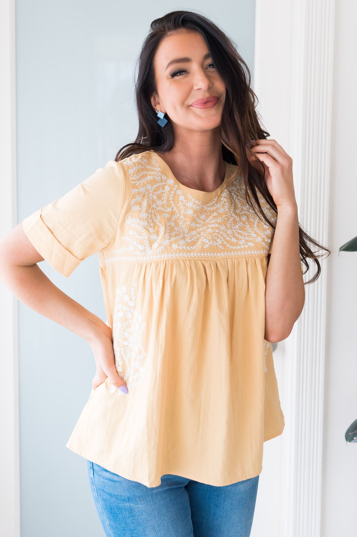 Classic Beauty Modest Embroidered Blouse Tops vendor-unknown