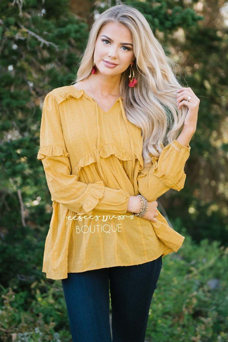 Ruffle Trim Neck Tie Blouse Tops vendor-unknown