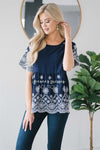 Embroidered Floral Detail Babydoll Top Tops vendor-unknown S Navy