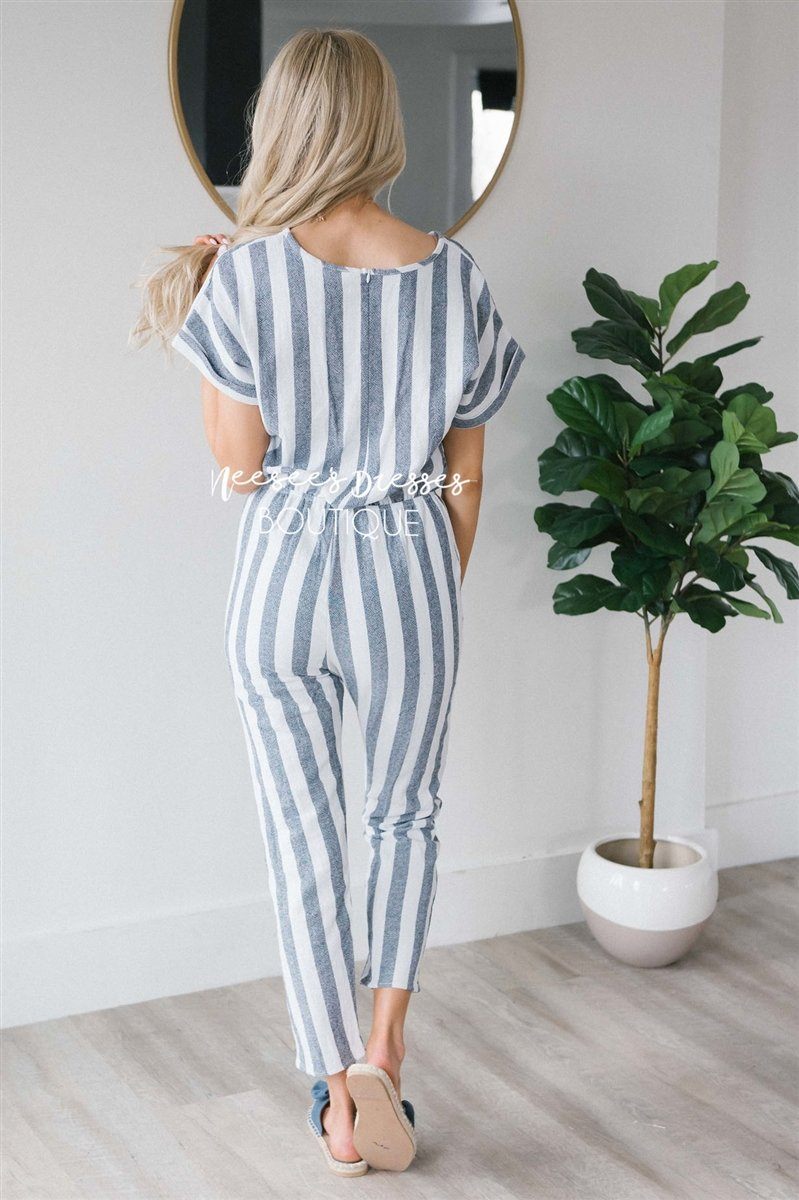 Dusty Navy Striped Jumpsuit Modest Dresses vendor-unknown