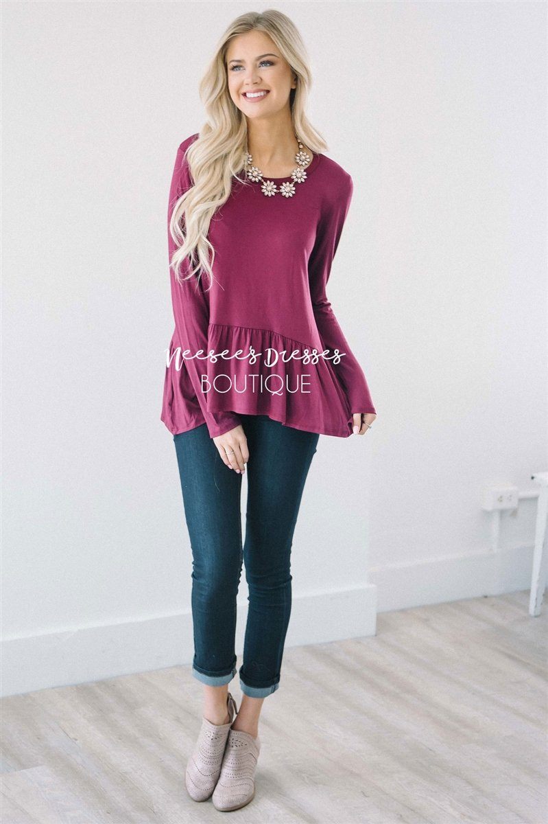 Peplum Ruffle Long Sleeve Top Tops vendor-unknown