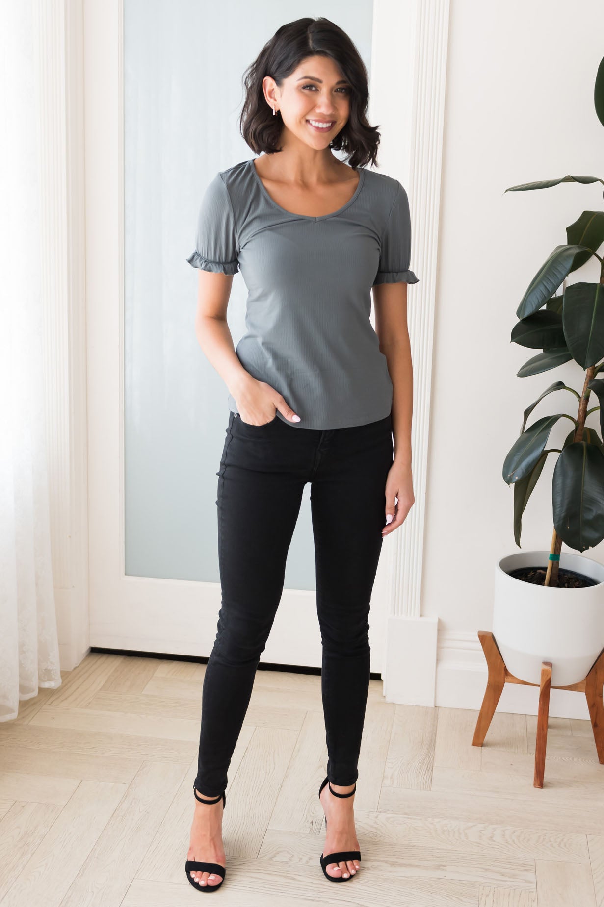 Must Have Modest Ruffle Sleeve Top Tops vendor-unknown