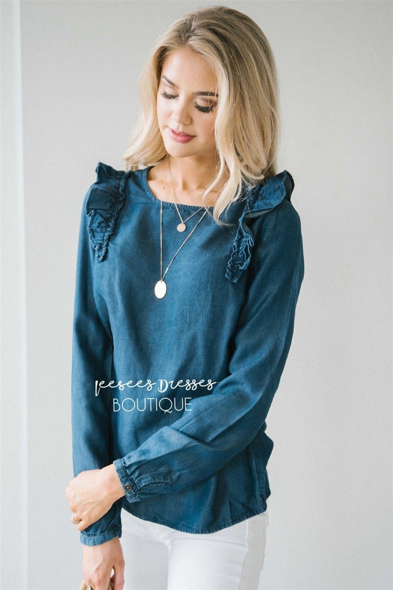Ruffle Shoulder Long Sleeve Chambray Top Tops vendor-unknown
