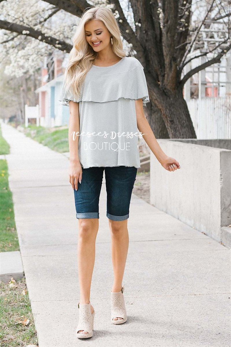 Striped Ruffle Layer Top Tops vendor-unknown