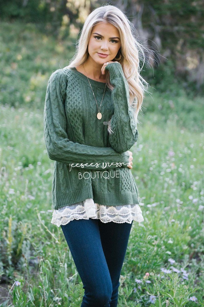 Scallop Lace Hem Cable Knit Sweater Tops vendor-unknown
