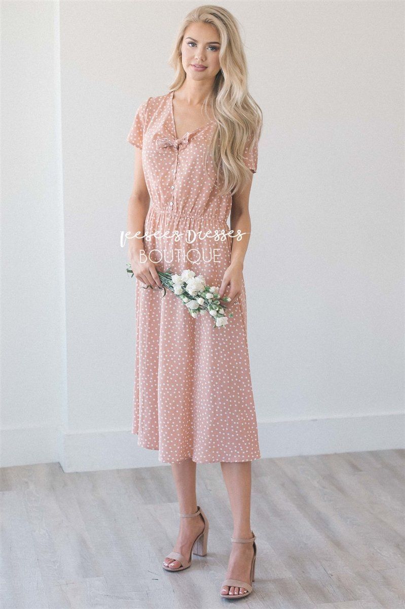The Carmela Modest Dresses vendor-unknown Peachy Taupe Polka Dot S