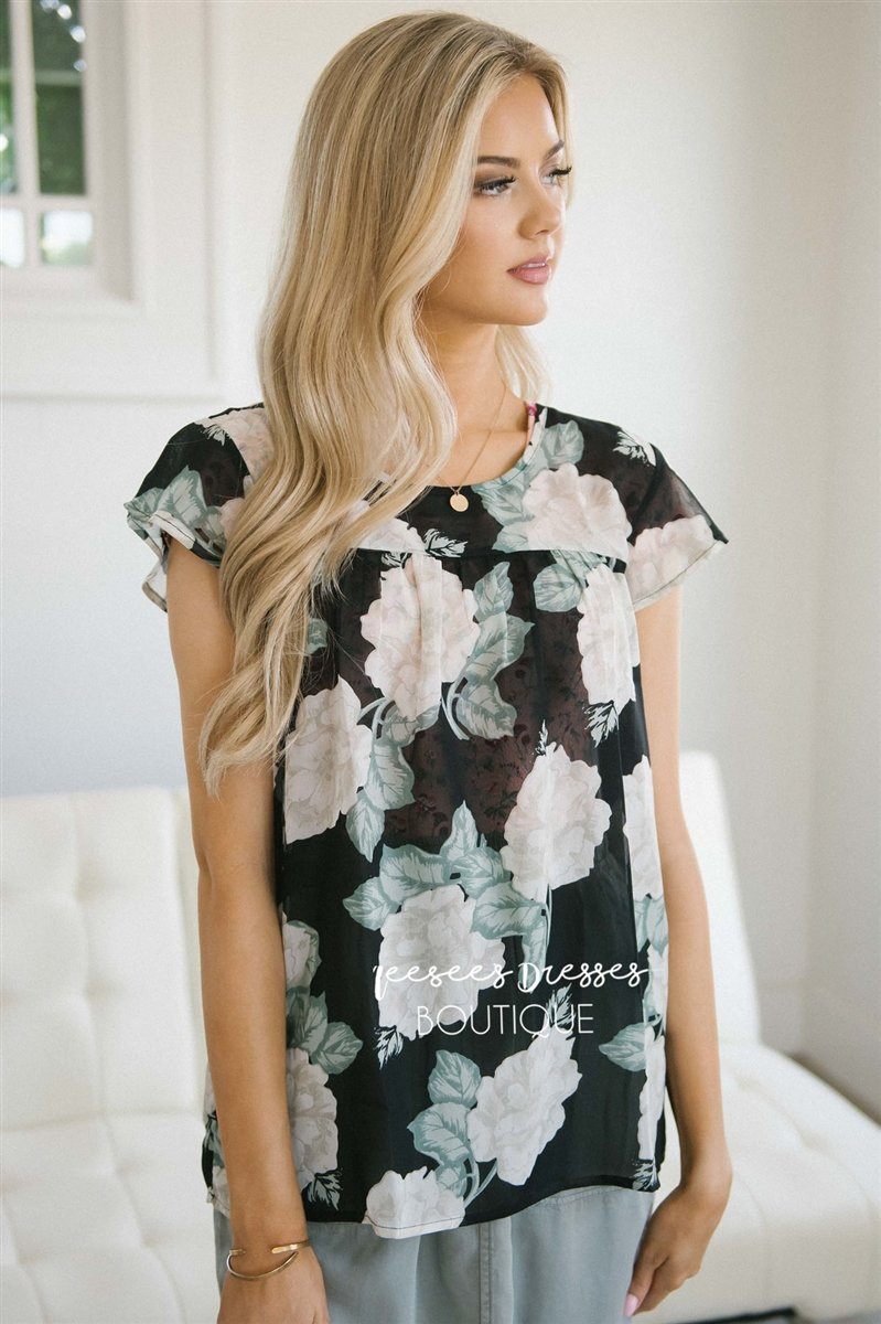 Floral Flutter Sleeve Chiffon Top Tops vendor-unknown Black & Beige Floral XS
