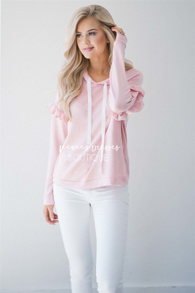 Ruffle Detail Long Sleeve Hoodie Tops vendor-unknown