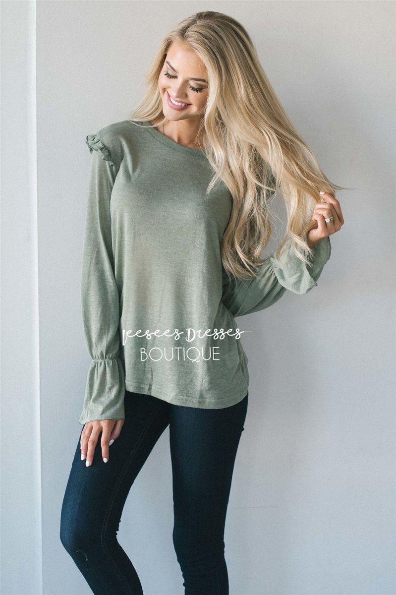 Ruffle Shoulder Peplum Sleeve Top Tops vendor-unknown S Dusty Sage