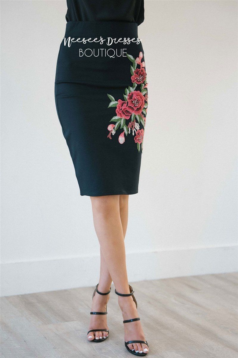 Black Rose Embroidered Pencil Skirt Skirts vendor-unknown